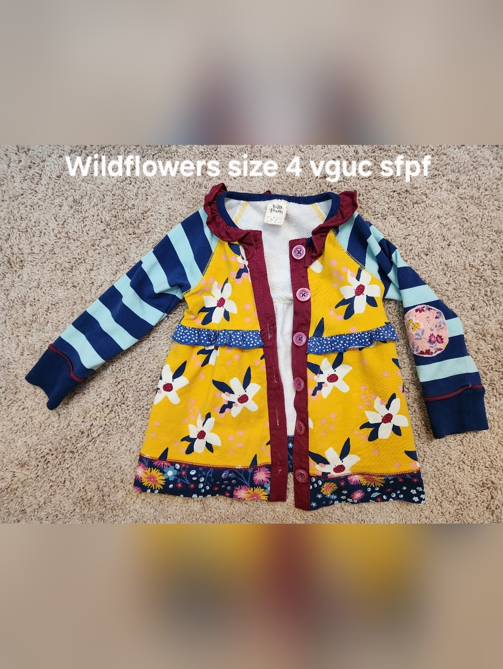 Wildflowers Yellow Floral Cardigan with Blue Striped Sleeves
